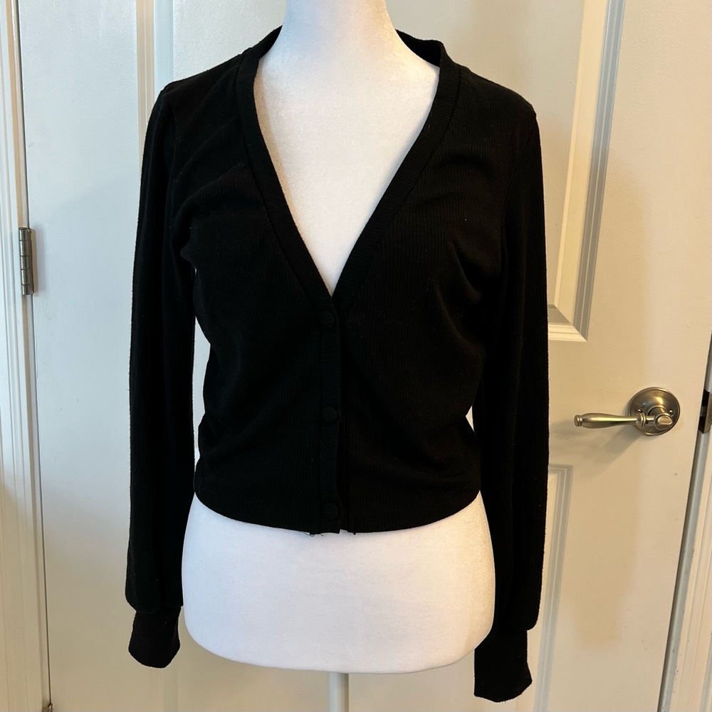 Privacy Please Black Ribbed Lightweight Cardigan M